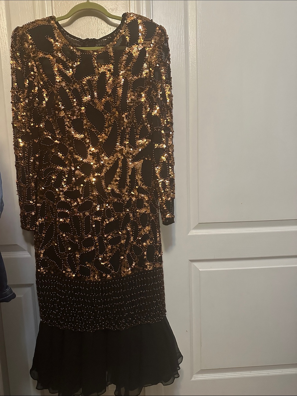 Sequin-Embellished Black and Gold Long Sleeve Evening Dress